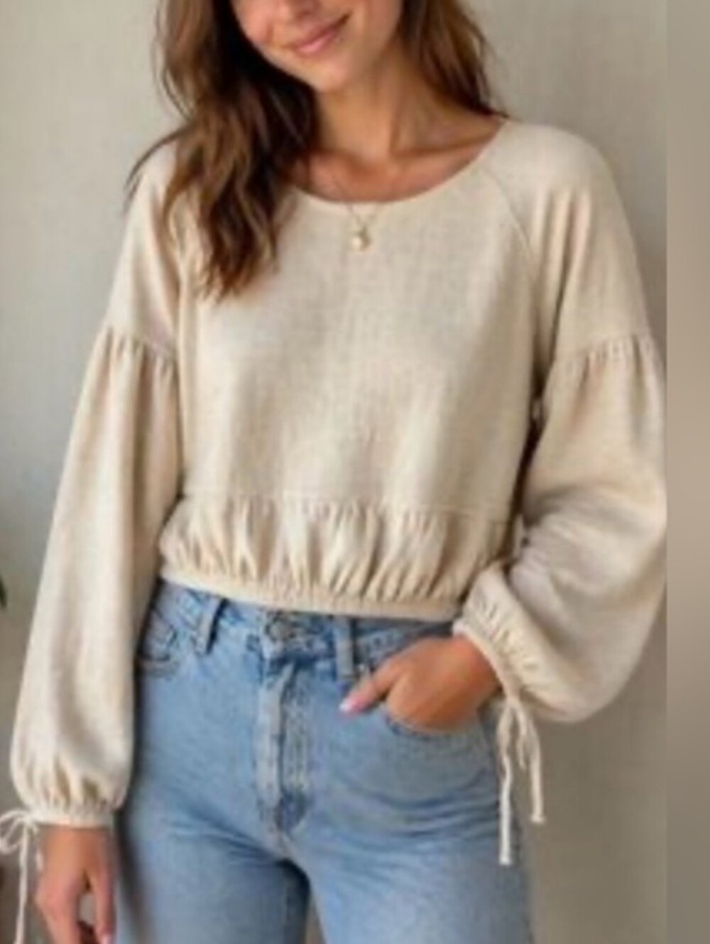 Aerie Cream Cropped Top With Balloon Sleeves With Decorative Ties